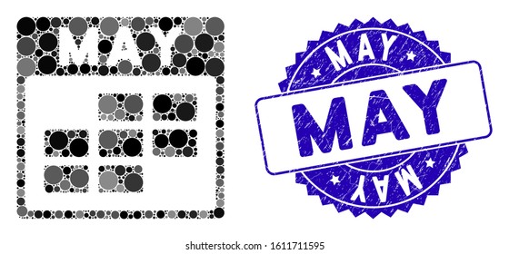 Mosaic May calendar grid icon and corroded stamp seal with May caption. Mosaic vector is formed with May calendar grid icon and with randomized circle elements. May stamp seal uses blue color,