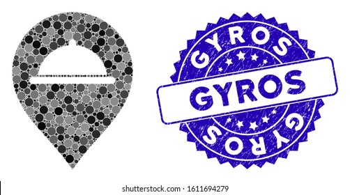 Mosaic meal marker icon and rubber stamp watermark with Gyros phrase. Mosaic vector is designed with meal marker icon and with scattered spheric items. Gyros seal uses blue color, and rubber texture.