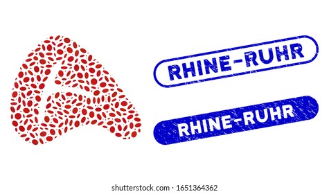 Mosaic meat steak and distressed stamp seals with Rhine-Ruhr text. Mosaic vector meat steak is formed with randomized ellipse elements. Rhine-Ruhr stamp seals use blue color,