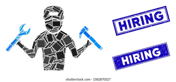 Mosaic mechanic boy icon and rectangular Hiring rubber prints. Flat vector mechanic boy mosaic icon of randomized rotated rectangular elements. Blue Hiring rubber seals with grunged surface.