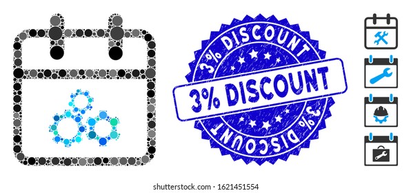 Mosaic mechanics day icon and distressed stamp seal with 3% Discount caption. Mosaic vector is formed with mechanics day pictogram and with scattered circle spots.