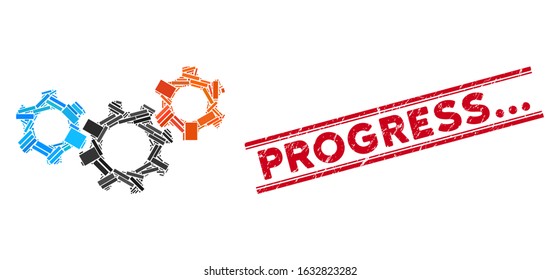 Mosaic mechanics pictogram and red Progress... seal stamp between double parallel lines. Flat vector mechanics mosaic pictogram of random rotated rectangle items. Red Progress...