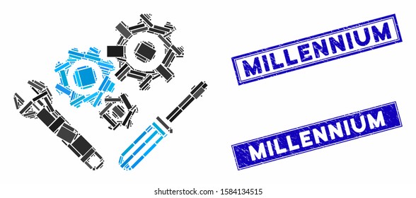 Mosaic mechanics tools icon and rectangular Millennium seal stamps. Flat vector mechanics tools mosaic pictogram of scattered rotated rectangular elements.