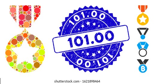 Mosaic medal icon and rubber stamp seal with 101.00 caption. Mosaic vector is composed with medal icon and with random spheric items. 101.00 stamp seal uses blue color, and distress surface.