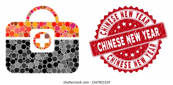 Mosaic medic case and grunge stamp seal with Chinese New Year caption. Mosaic vector is designed from medic case icon and with randomized circle elements. Chinese New Year stamp seal uses red color,