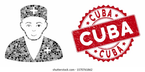 Mosaic medic and corroded stamp seal with Cuba phrase. Mosaic vector is designed with medic icon and with randomized round items. Cuba stamp seal uses red color, and grunge design.