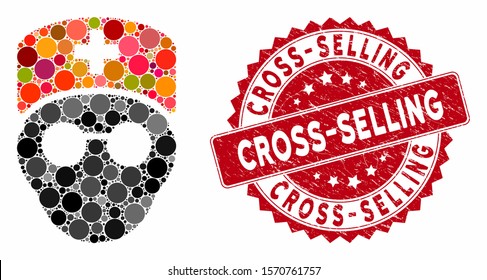 Mosaic medic head and rubber stamp seal with Cross-Selling phrase. Mosaic vector is composed with medic head icon and with scattered round items. Cross-Selling stamp seal uses red color,