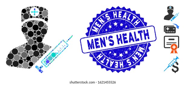 Mosaic medic icon and grunge stamp watermark with Men'S Health caption. Mosaic vector is designed with medic icon and with random spheric elements. Men'S Health stamp uses blue color,