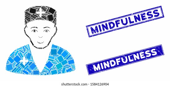Mosaic medic icon and rectangle Mindfulness seal stamps. Flat vector medic mosaic icon of scattered rotated rectangular elements. Blue Mindfulness seal stamps with grunge surface.