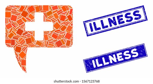 Mosaic medical answer pictogram and rectangle seal stamps. Flat vector medical answer mosaic pictogram of randomized rotated rectangle elements. Blue caption seal stamps with distress surface.