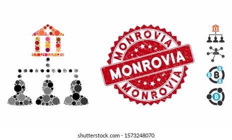 Mosaic medical bank clients icon and distressed stamp seal with Monrovia caption. Mosaic vector is created with medical bank clients icon and with randomized round elements.