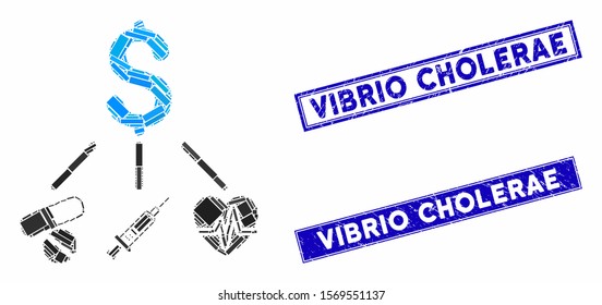 Mosaic medical budget pictogram and rectangular seal stamps. Flat vector medical budget mosaic pictogram of scattered rotated rectangle items. Blue caption rubber stamps with rubber surface.