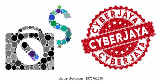Mosaic medical business and corroded stamp seal with Cyberjaya caption. Mosaic vector is created with medical business icon and with scattered spheric spots. Cyberjaya stamp seal uses red color,