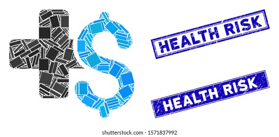 Mosaic medical business pictogram and rectangular Health Risk stamps. Flat vector medical business mosaic pictogram of randomized rotated rectangular items.