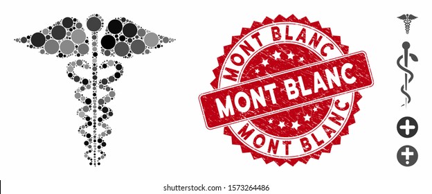 Mosaic medical caduceus emblem icon and distressed stamp seal with Mont Blanc caption. Mosaic vector is created from medical caduceus emblem icon and with randomized spheric items.