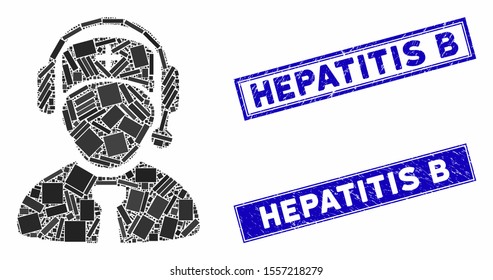 Mosaic medical call center pictogram and rectangle rubber prints. Flat vector medical call center mosaic pictogram of random rotated rectangle items. Blue caption watermarks with corroded surface.