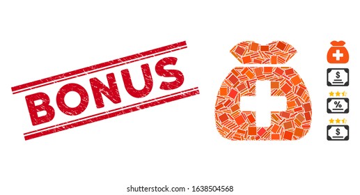 Mosaic medical capital fund pictogram and red Bonus seal stamp between double parallel lines. Flat vector medical capital fund mosaic pictogram of scattered rotated rectangular elements.