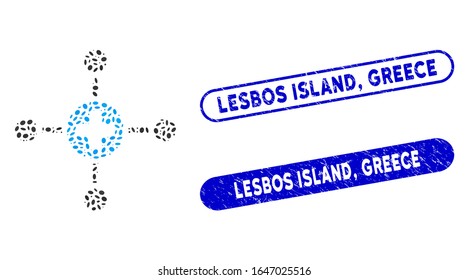 Mosaic medical center and distressed stamp seals with Lesbos Island, Greece text. Mosaic vector medical center is created with randomized elliptic dots. Lesbos Island,