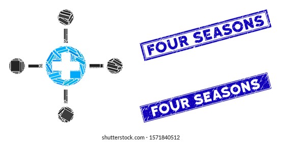 Mosaic medical center icon and rectangular Four Seasons seal stamps. Flat vector medical center mosaic icon of random rotated rectangular elements. Blue Four Seasons rubber stamps with dirty surface.