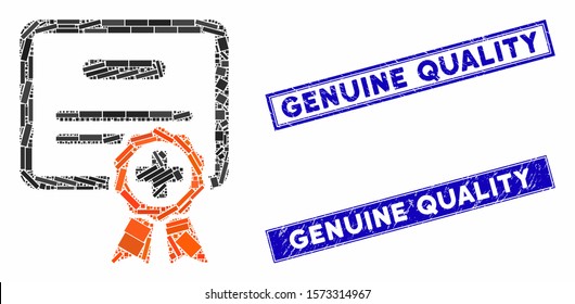 Mosaic medical certificate icon and rectangle Genuine Quality seal stamps. Flat vector medical certificate mosaic icon of randomized rotated rectangular elements.