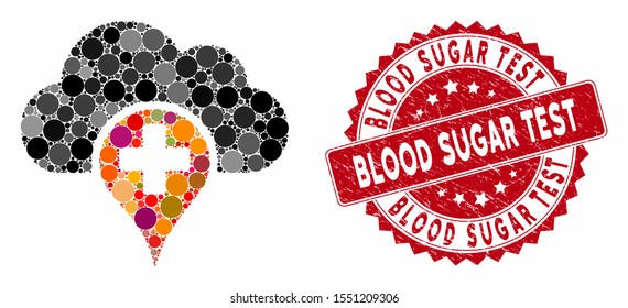Mosaic medical cloud and rubber stamp seal with Blood Sugar Test text. Mosaic vector is formed with medical cloud icon and with randomized spheric elements. Blood Sugar Test stamp seal uses red color,