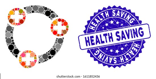 Mosaic Medical Collaboration Icon And Rubber Stamp Seal With Health Saving Text. Mosaic Vector Is Composed With Medical Collaboration Icon And With Scattered Round Elements.