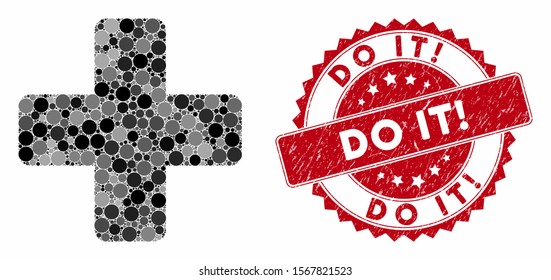 Mosaic medical cross and corroded stamp watermark with Do It! text. Mosaic vector is created with medical cross icon and with random round spots. Do It! stamp uses red color, and grunge texture.