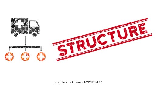 Mosaic medical delivery structure icon and red Structure seal between double parallel lines. Flat vector medical delivery structure mosaic icon of random rotated rectangle items.