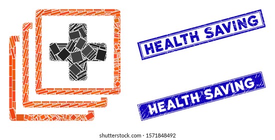 Mosaic medical docs pictogram and rectangle Health Saving seal stamps. Flat vector medical docs mosaic pictogram of randomized rotated rectangle items.