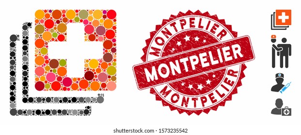 Mosaic medical documents icon and rubber stamp seal with Montpelier caption. Mosaic vector is created with medical documents pictogram and with random spheric elements.