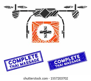 Mosaic medical drone icon and rectangle rubber prints. Flat vector medical drone mosaic icon of scattered rotated rectangle elements. Blue caption rubber stamps with distress textures.
