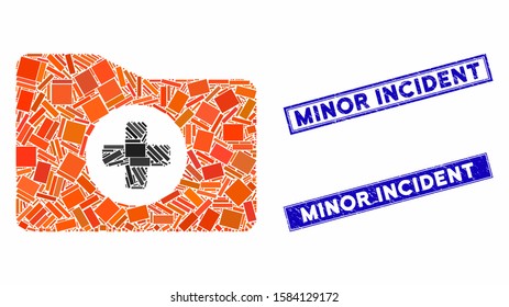 Mosaic medical folder icon and rectangular Minor Incident seal stamps. Flat vector medical folder mosaic pictogram of scattered rotated rectangular elements.