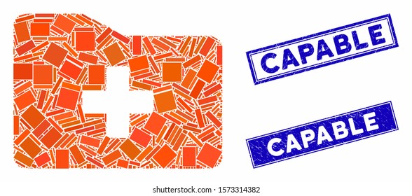 Mosaic medical folder pictogram and rectangle Capable stamps. Flat vector medical folder mosaic pictogram of scattered rotated rectangle elements. Blue Capable rubber stamps with corroded texture.