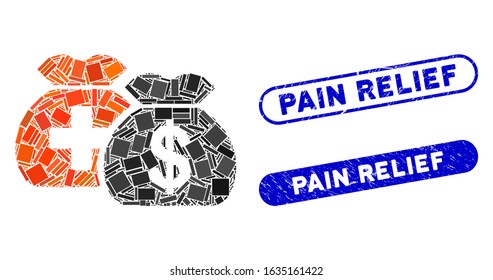 Mosaic medical fund bags and rubber stamp seals with Pain Relief caption. Mosaic vector medical fund bags is designed with randomized rectangle items. Pain Relief seals use blue color,