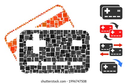 Mosaic Medical insurance cards icon organized from square items in variable sizes and color hues. Vector square items are organized into abstract mosaic medical insurance cards icon.