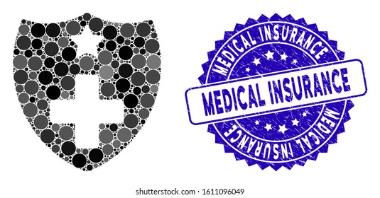 Mosaic medical insurance shield icon and corroded stamp seal with Medical Insurance caption. Mosaic vector is formed with medical insurance shield icon and with randomized spheric elements.
