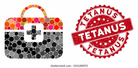 Mosaic medical kit and distressed stamp seal with Tetanus phrase. Mosaic vector is designed with medical kit icon and with randomized spheric items. Tetanus stamp seal uses red color,