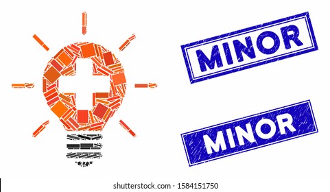 Mosaic medical lamp icon and rectangular Minor seal stamps. Flat vector medical lamp mosaic icon of random rotated rectangle elements. Blue Minor seal stamps with scratched surface.