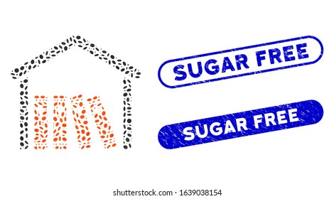 Mosaic medical library and corroded stamp seals with Sugar Free caption. Mosaic vector medical library is designed with scattered ellipse items. Sugar Free seals use blue color,