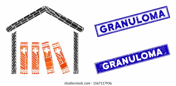 Mosaic medical library icon and rectangular watermarks. Flat vector medical library mosaic icon of randomized rotated rectangular items. Blue caption watermarks with scratched texture.