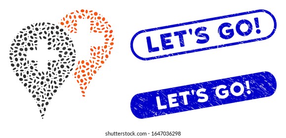 Mosaic medical map markers and grunge stamp seals with Let'S Go! text. Mosaic vector medical map markers is formed with scattered ellipse dots. Let'S Go! seals use blue color,