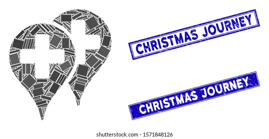 Mosaic medical map markers icon and rectangular Christmas Journey seal stamps. Flat vector medical map markers mosaic icon of randomized rotated rectangular elements.