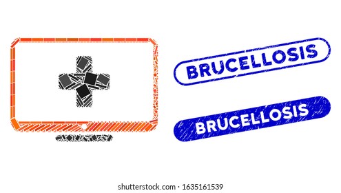 Mosaic medical monitor and distressed stamp watermarks with Brucellosis caption. Mosaic vector medical monitor is formed with randomized rectangle items. Brucellosis stamp seals use blue color,