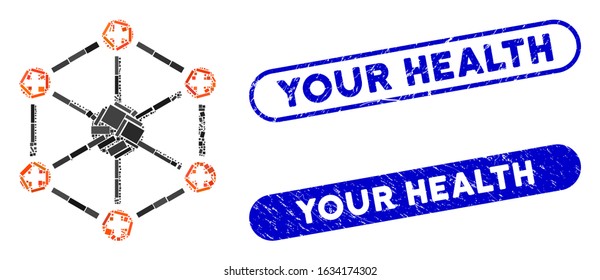 Mosaic medical network and corroded stamp watermarks with Your Health caption. Mosaic vector medical network is created with random rectangle items. Your Health stamp seals use blue color,