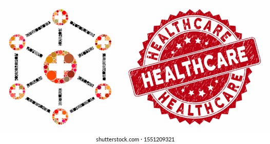 Mosaic medical network and distressed stamp watermark with Healthcare text. Mosaic vector is designed with medical network icon and with randomized spheric elements. Healthcare stamp uses red color,