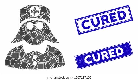 Mosaic medical nurse icon and rectangular stamps. Flat vector medical nurse mosaic icon of randomized rotated rectangle elements. Blue caption rubber stamps with distress texture.