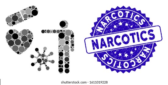 Mosaic medical objects presentation icon and rubber stamp seal with Narcotics caption. Mosaic vector is created with medical objects presentation icon and with randomized round items.