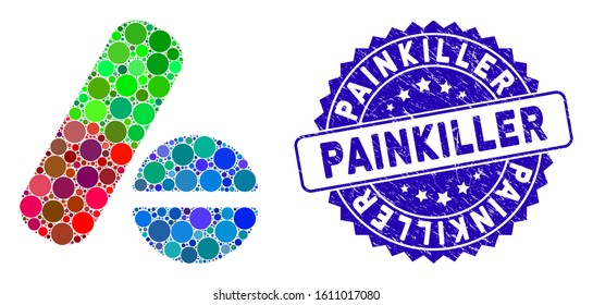 Mosaic medical pills icon and distressed stamp seal with Painkiller phrase. Mosaic vector is formed with medical pills pictogram and with randomized round items. Painkiller stamp seal uses blue color,