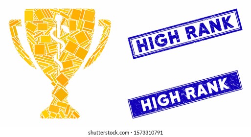 Mosaic medical prize cup icon and rectangular High Rank rubber prints. Flat vector medical prize cup mosaic pictogram of random rotated rectangular items.