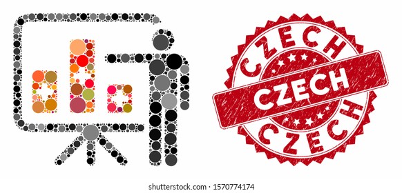 Mosaic medical public report and grunge stamp watermark with Czech text. Mosaic vector is composed from medical public report icon and with randomized spheric items. Czech stamp seal uses red color,